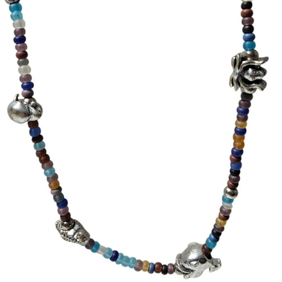 Animal Charm Beaded Necklace Unique Pendants Silver Tone Boho Fashion Jewelry - Picture 1 of 13